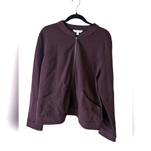 Garnet Hill Eclipse Knit Zip Front Moto Jacket Mandarin Collar Brown Size Large - Picture 1 of 6